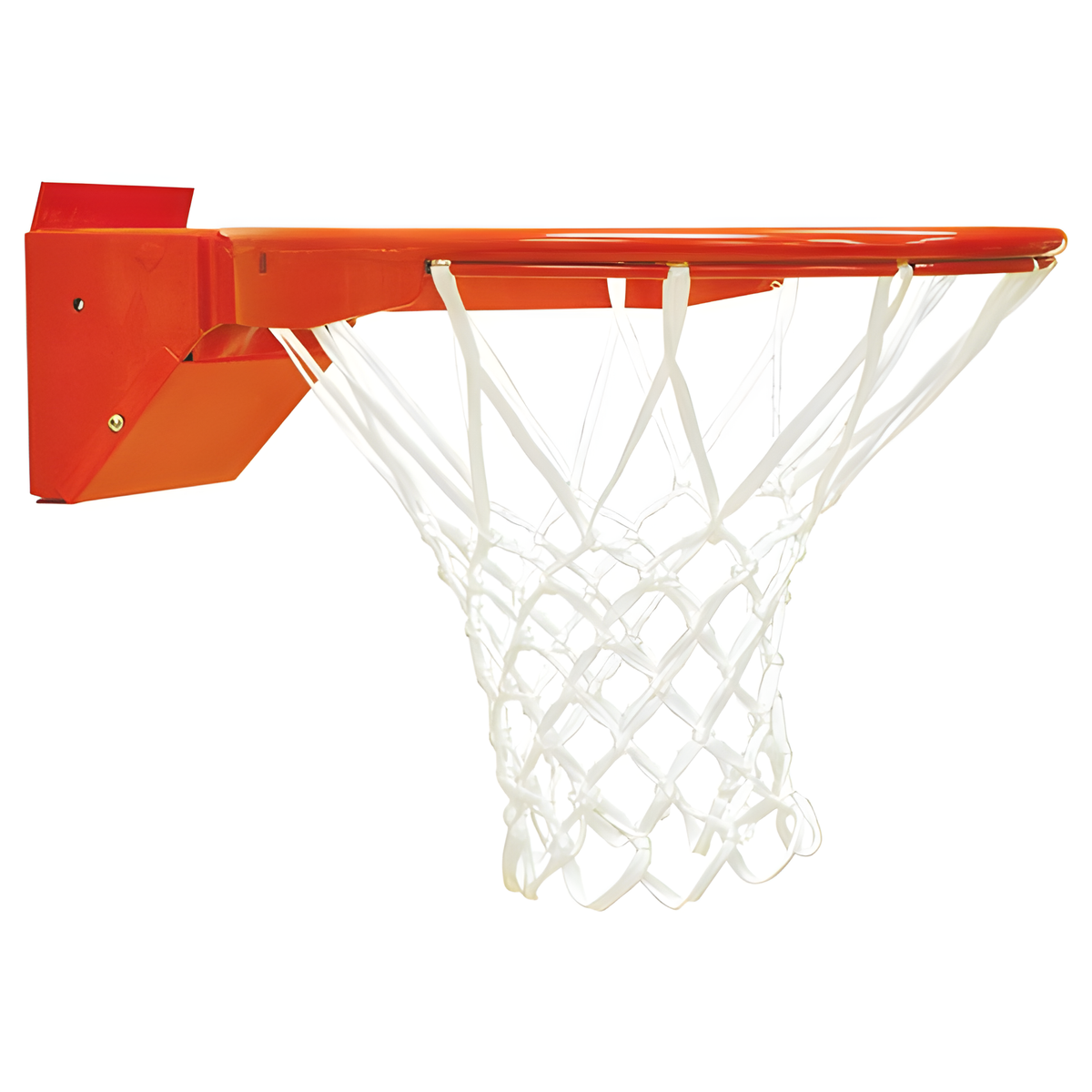 Close-up of mounted orange basketball hoop with white nylon net.