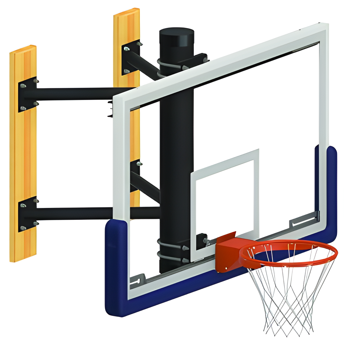 Wall mount basketball hoop with transparent backboard and orange rim.