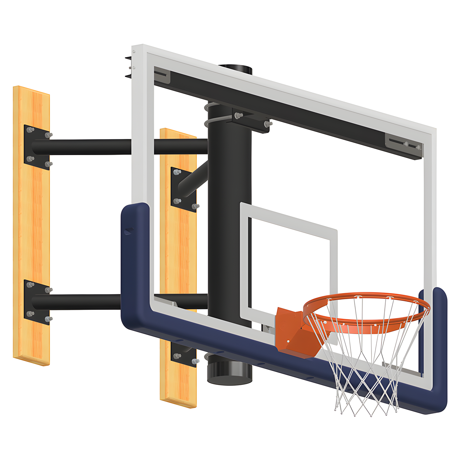 Wall mount basketball hoop with transparent backboard and orange rim.