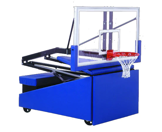 lowered portable basketball goal and clear acrylic backboard