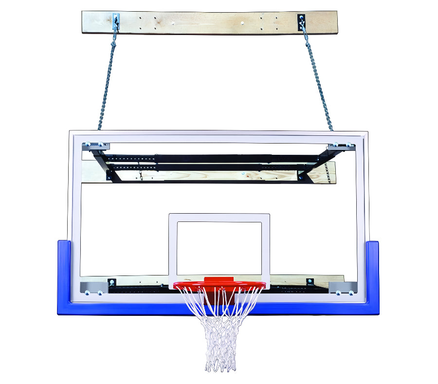 wall mounted rectangular clear acrylic backboard with blue backboard padding and safety chain