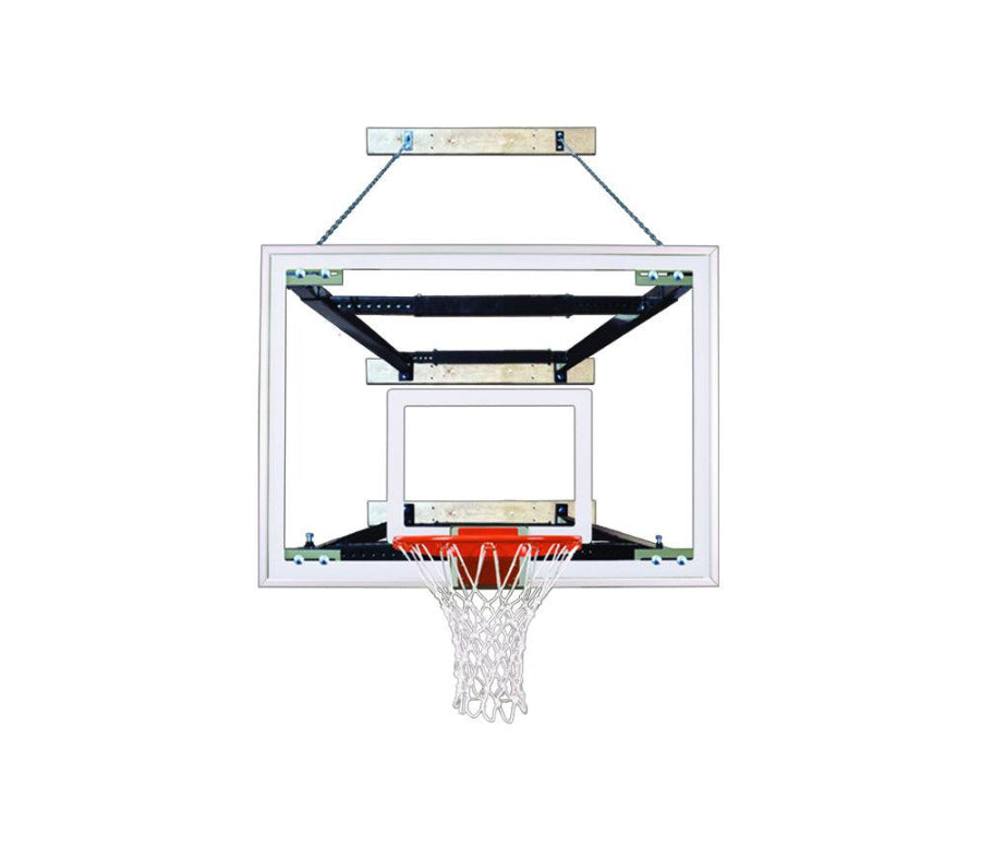 wall mounted rectangular clear acrylic backboard with blue backboard padding and safety chain