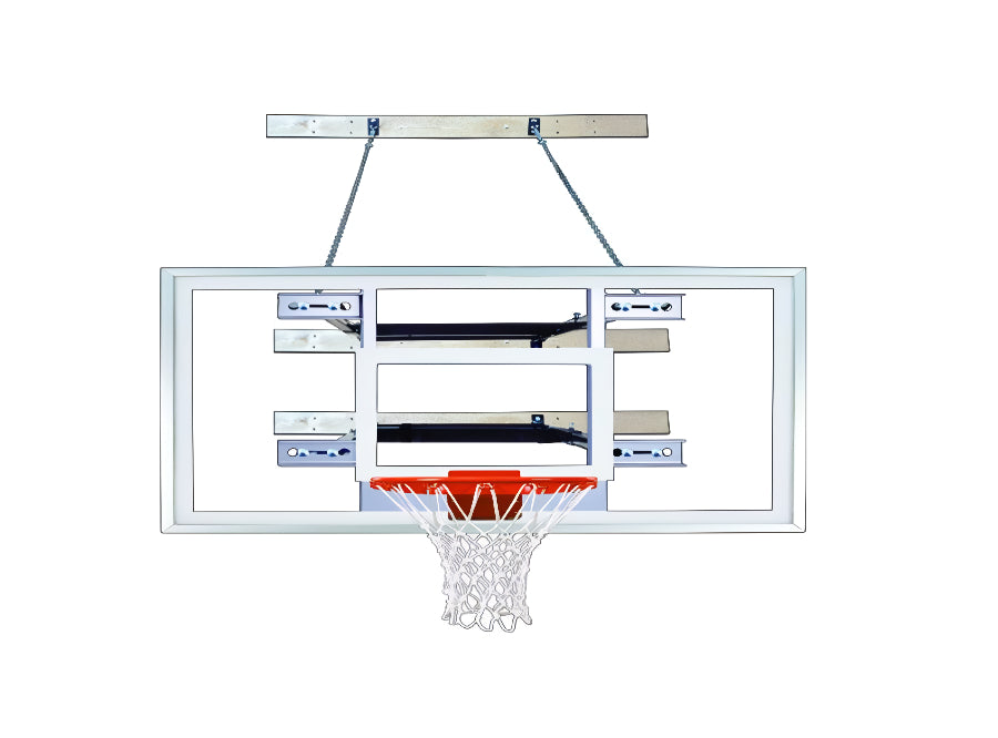 wall mounted rectangular clear acrylic backboard with blue backboard padding and safety chain
