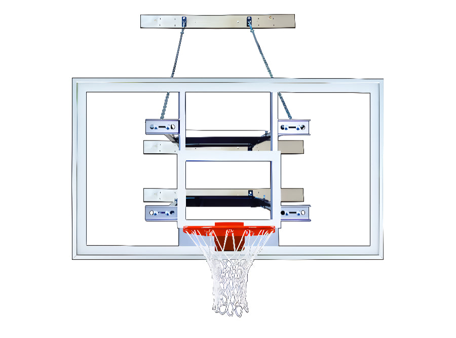 wall mounted rectangular clear acrylic backboard with blue backboard padding and safety chain
