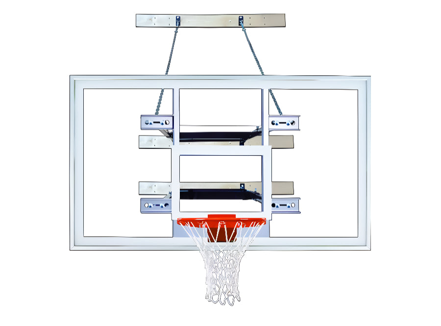 wall mounted rectangular clear acrylic backboard with blue backboard padding and safety chain
