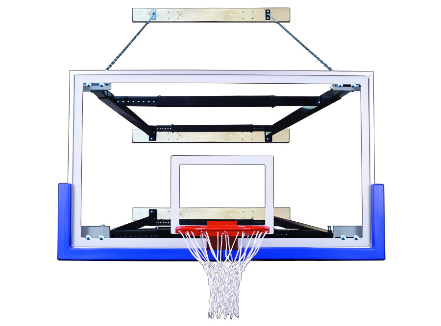  wall mounted rectangular clear acrylic backboard with blue backboard padding and safety chain
