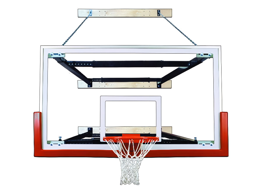 clear acrylic backboard with red padding and wood and safety chain support
