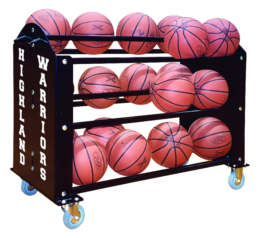 balls in a rack with print &quot;WARRIORS HIGHLANDS&quot;
