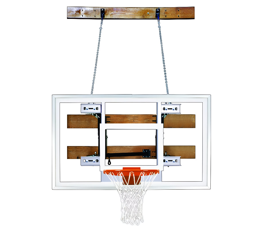 First Team FoldaMount46 Pro basketball hoop with folding backboard and orange rim hanging from ceiling chains