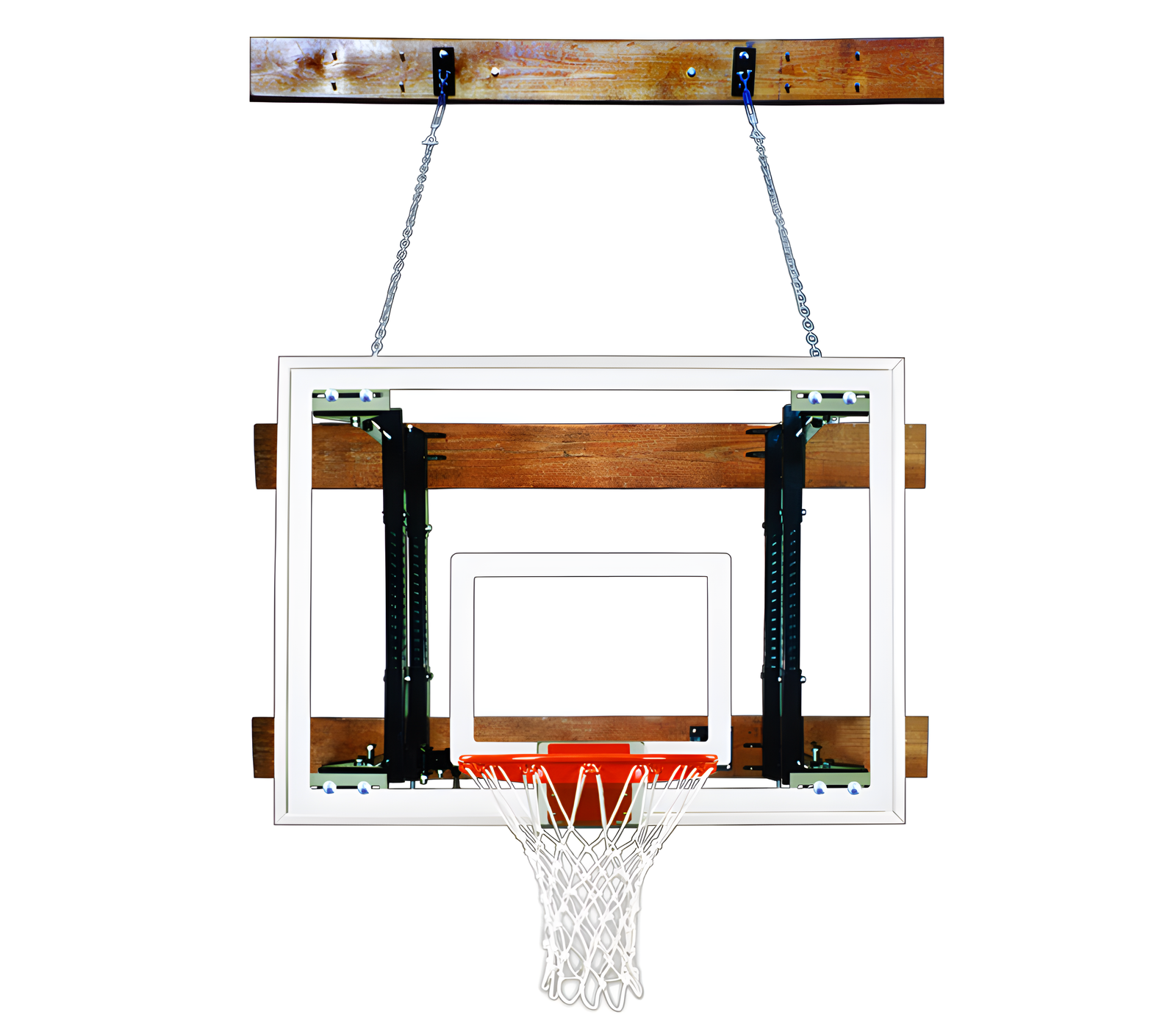 FIRST TEAM basketball hoop First Team FoldaMount68 Maverick with white backboard and orange rim hanging from wooden beam