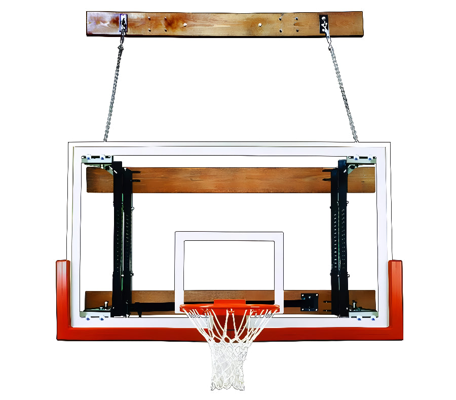 First Team FoldaMount68 Victory basketball hoop with clear backboard and white net mounted on wooden beam