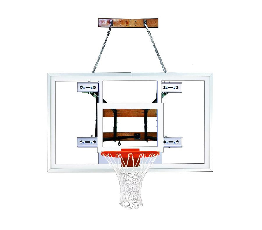 First Team FoldaMount82 Pro basketball hoop with clear backboard and mounting chains