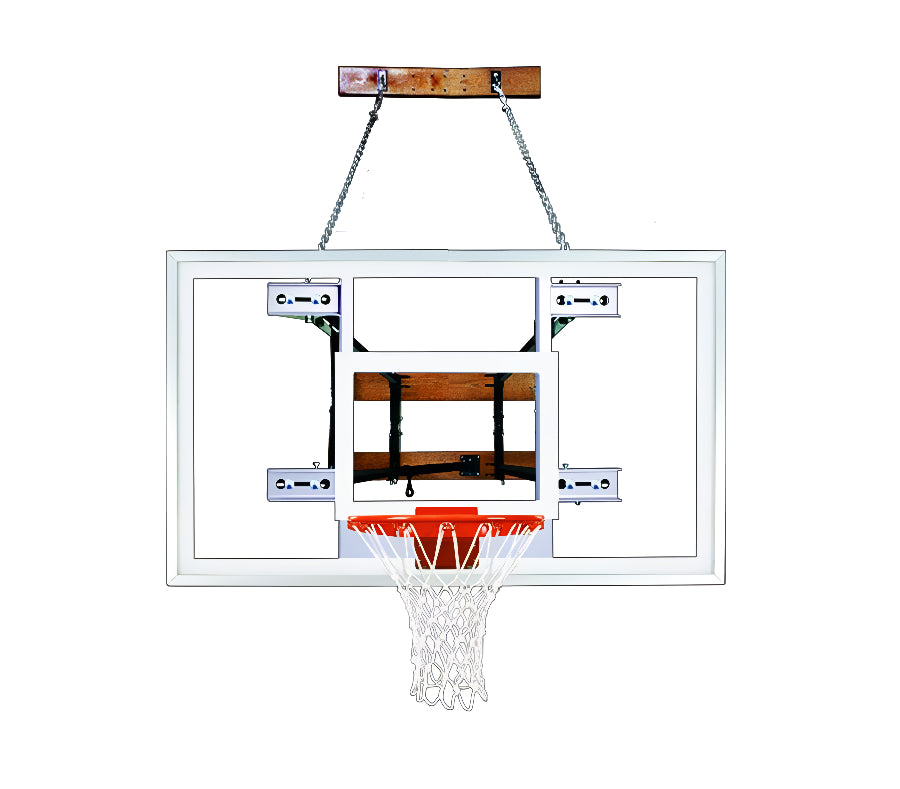 First Team FoldaMount82 Select basketball hoop with clear backboard and orange rim mounted with hanging chains