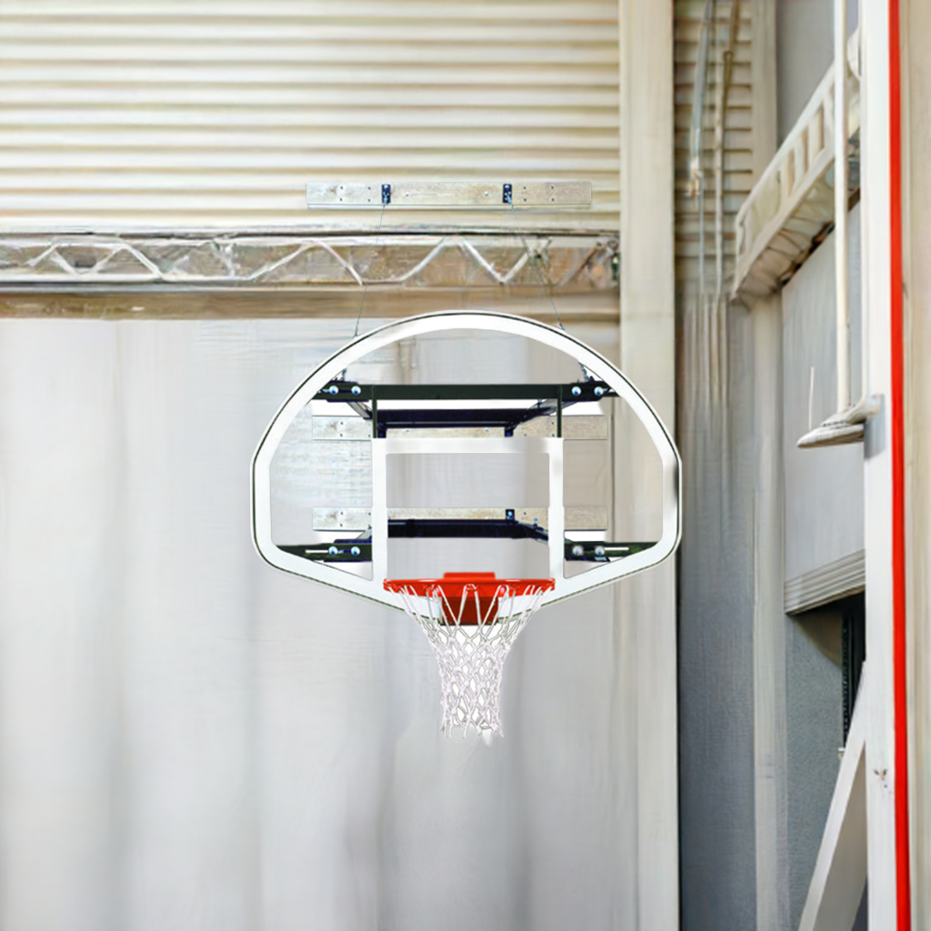 wall mounted fan shape clear acrylic backboard with blue backboard padding and safety chain