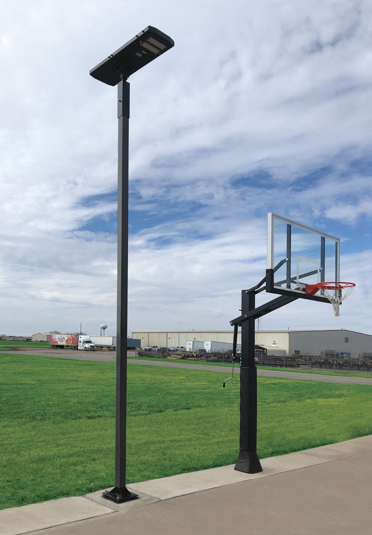 Solar power court with smoked post