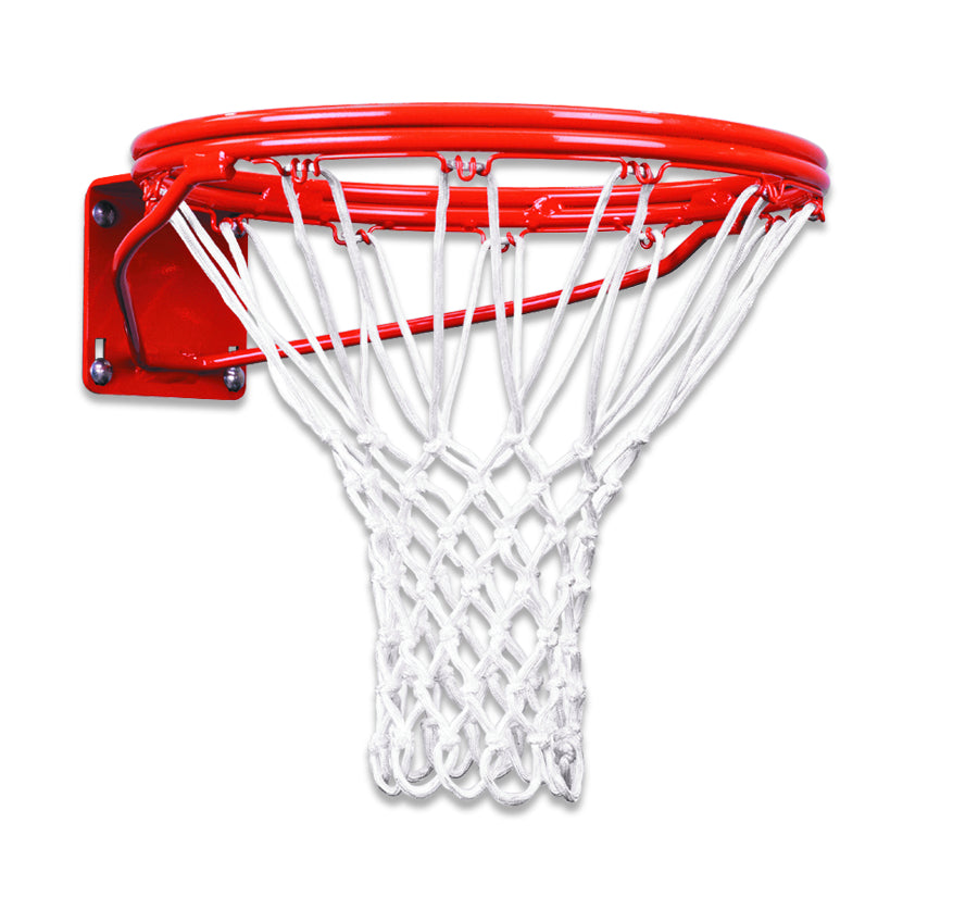 steel basketball rim with white braided nylon net 