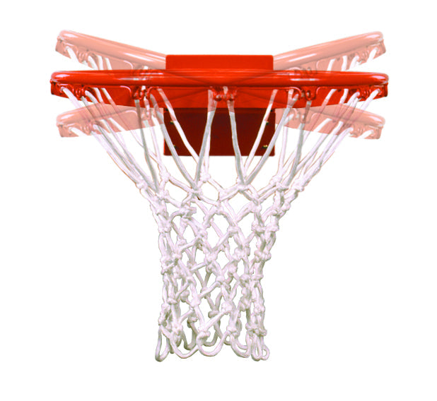 tilted steel basketball rim with white braided nylon basketball net 