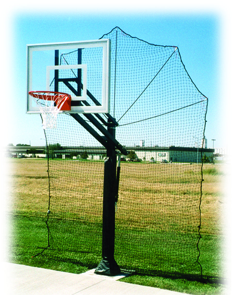 black airball grabber at the back of a basketball post