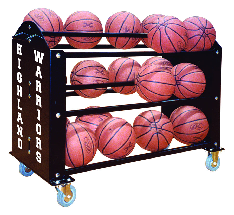 balls in a rack with print "WARRIORS HIGHLANDS"