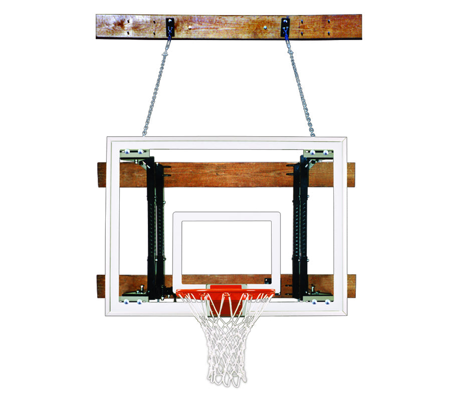 wall mount tempered glass backboard, safety chains, and basketball goal