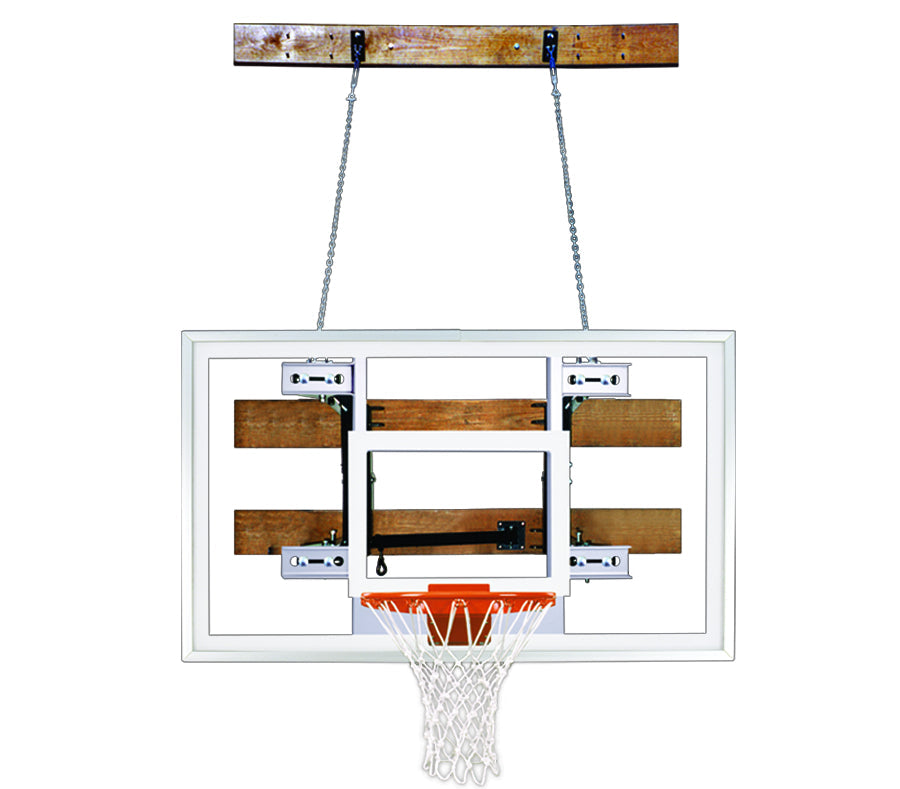 wall mount tempered glass backboard with wood support and basketball goal