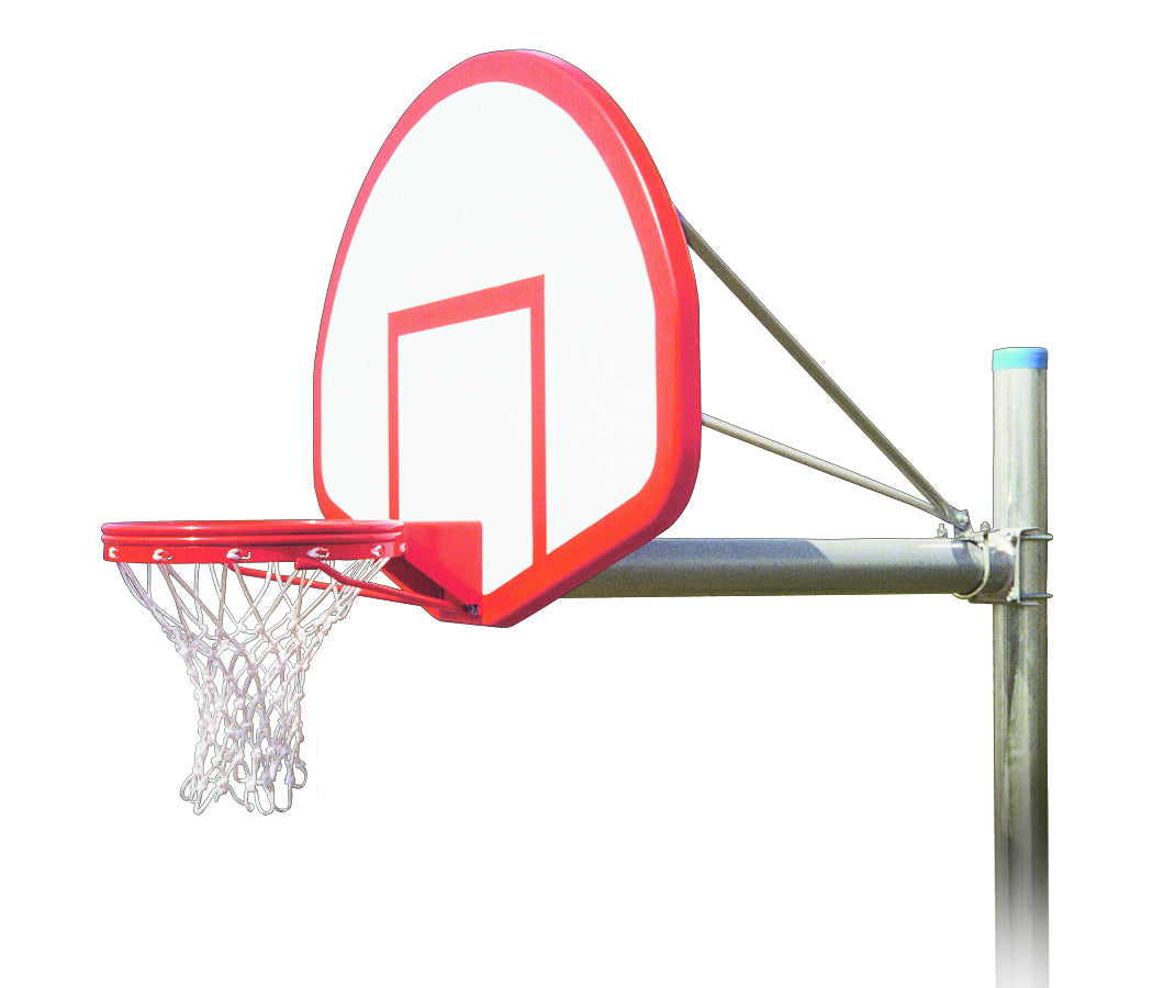 steel post with fan shaped fiberglass backboard and basketball rim 