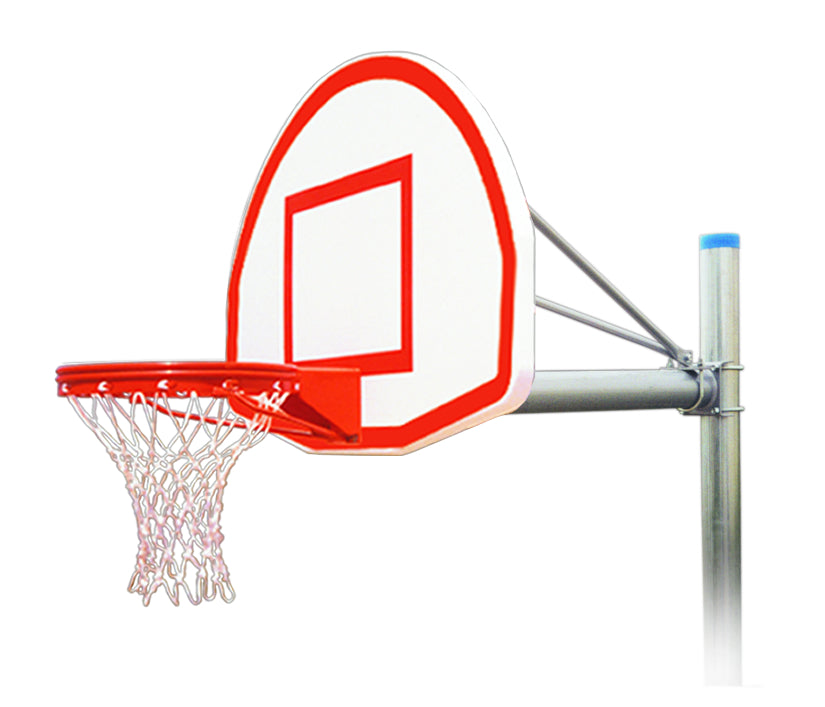 Steel basketball post with fan shaped aluminum backboard and basketball rim 