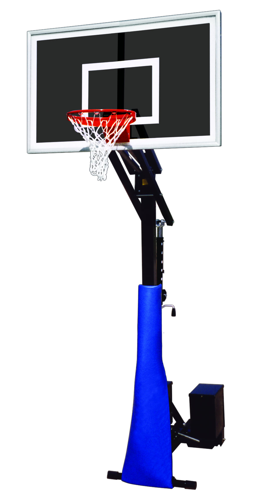 Black basketball post with smoked backboard and blue base safety padding 