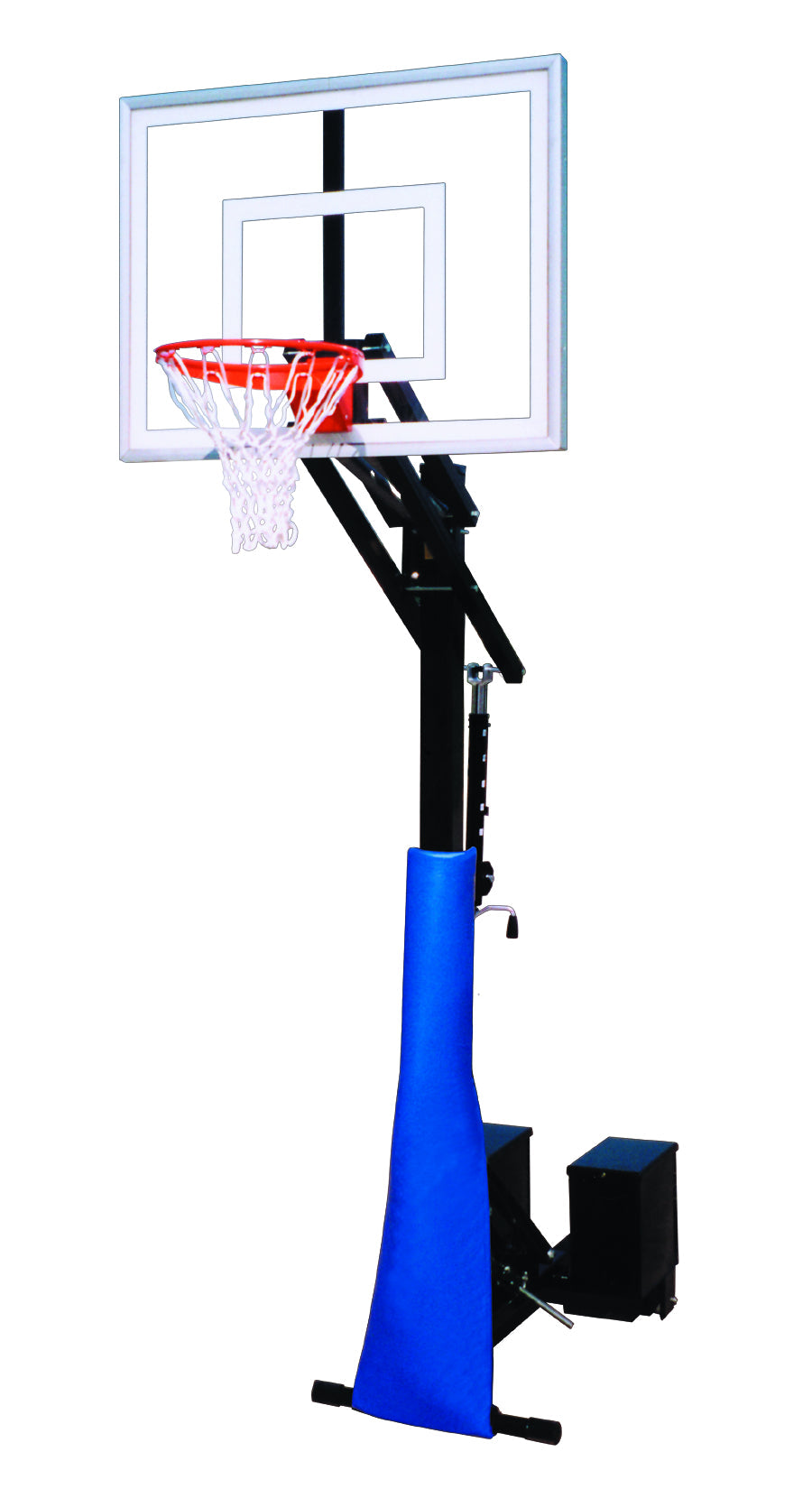 Black basketball post with clear acrylic backboard and blue base safety padding 