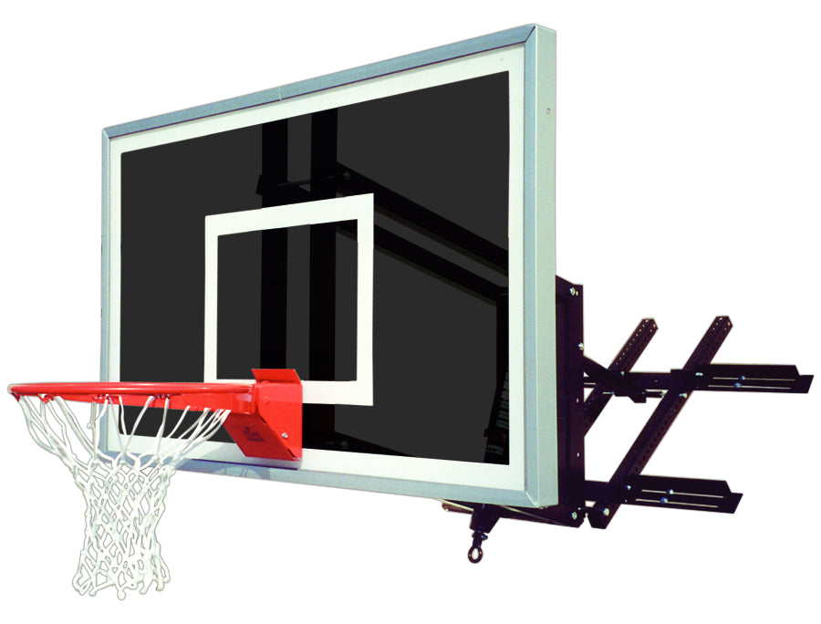 wall mounted basketball hoop with a black backboard, red rim, and a chain