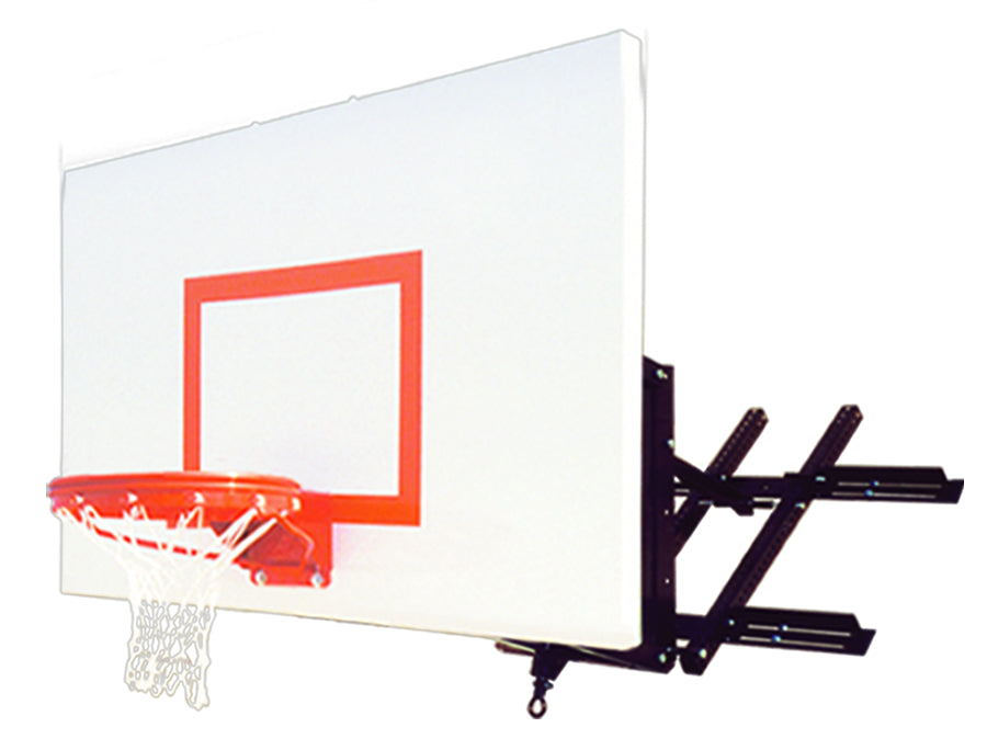 wall mounted basketball hoop with a white backboard, red rim, and a chain