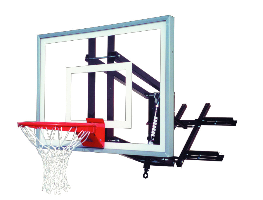 wall mounted basketball hoop with a clear acrylic backboard and a chain