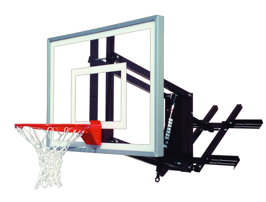 wall mounted basketball hoop with a clear acrylic backboard, red rim, and a chain