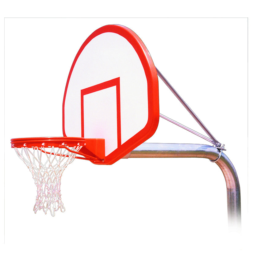 curved basketball pole with fan-shaped fiberglass backboard in orange framework 