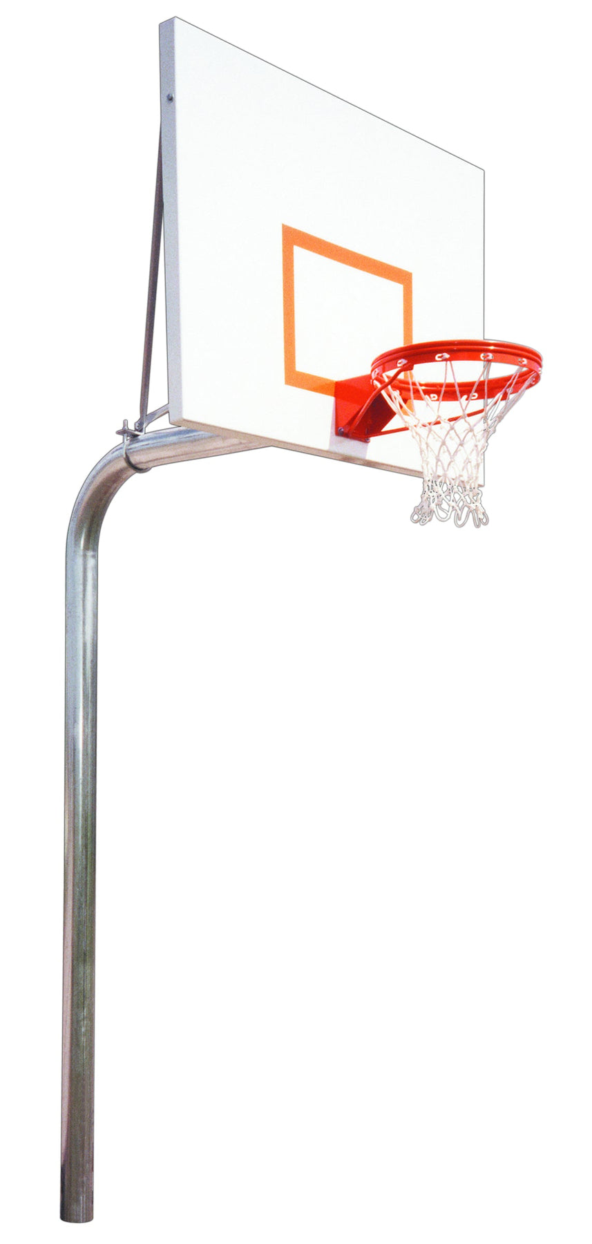 In ground steel basketball pole with white backboard with basketball rim