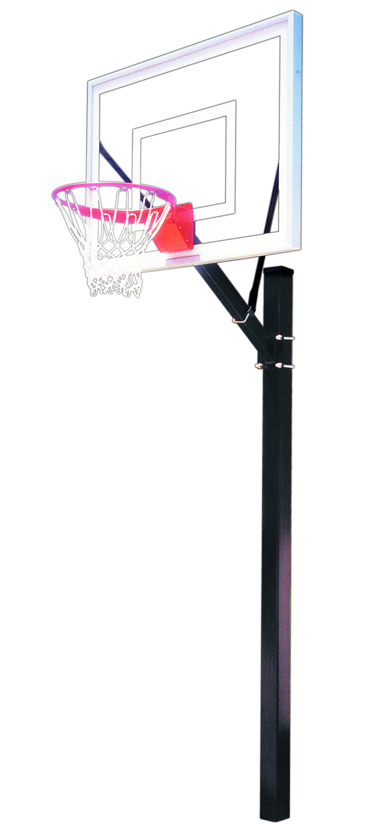 In ground steel basketball pole with white backboard with basketball rim