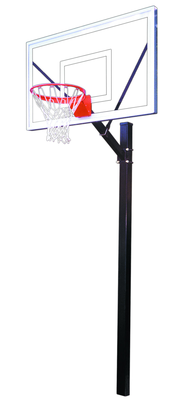 In ground steel basketball pole with clear backboard with basketball rim