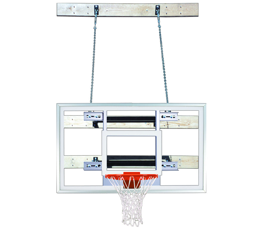 wall mounted rectangular clear acrylic backboard with white framework and wood support