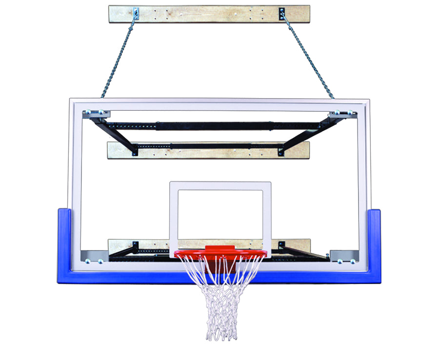 wall mounted rectangular clear acrylic backboard with blue backboard padding and safety chain