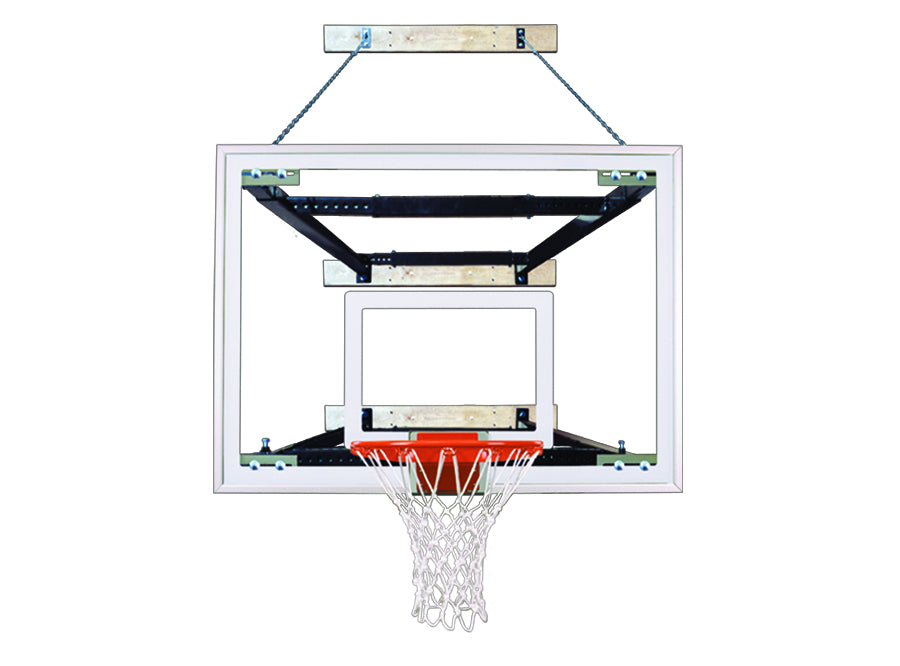 wall mounted rectangular clear acrylic backboard with blue backboard padding and safety chain