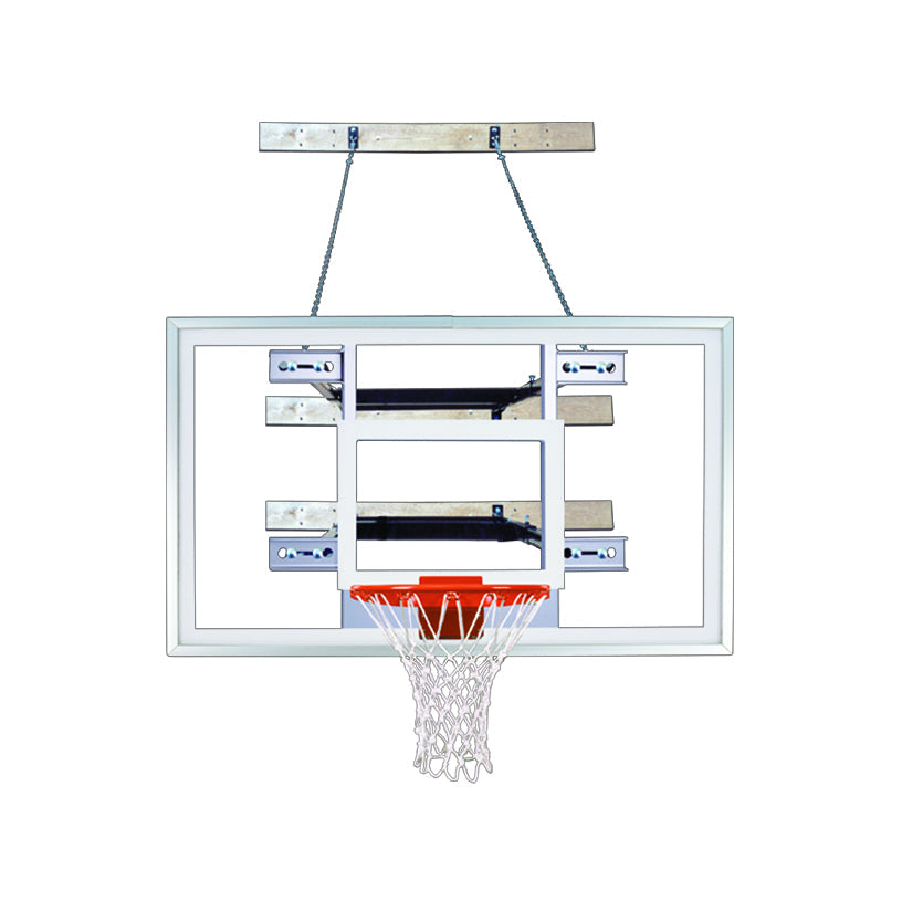 wall mounted rectangular clear acrylic backboard with blue backboard padding and safety chain