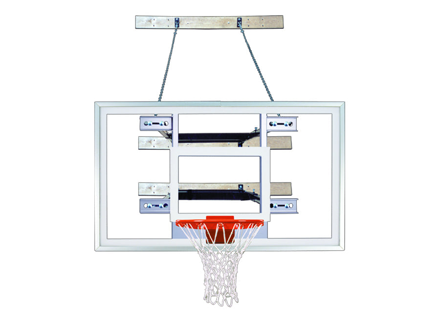 wall mounted rectangular clear acrylic backboard with blue backboard padding and safety chain