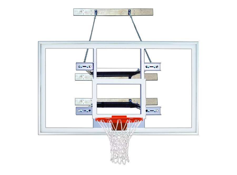 wall mounted rectangular clear acrylic backboard with blue backboard padding and safety chain