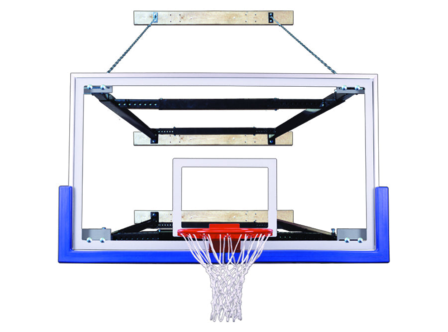 wall mounted rectangular clear acrylic backboard with blue backboard padding and safety chain